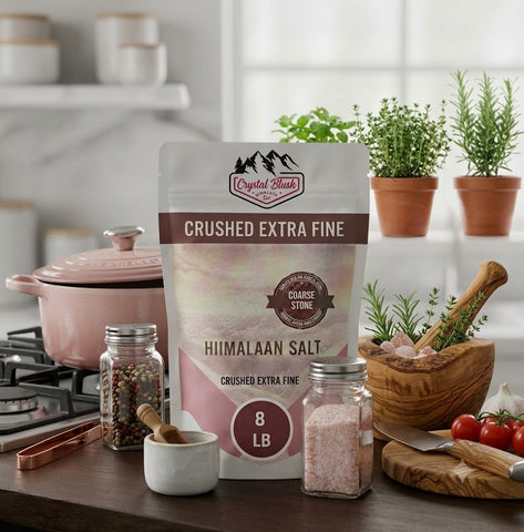 Crystal Blush Premium Himalayan Pink Salt Crushed Extra Fine – Crushed Extra Fine - 8 LB Pouch | Fine Grain Pink Salt for Cooking, Baking, Seasoning, Grilling, Marinades, Brining & Spice Blends