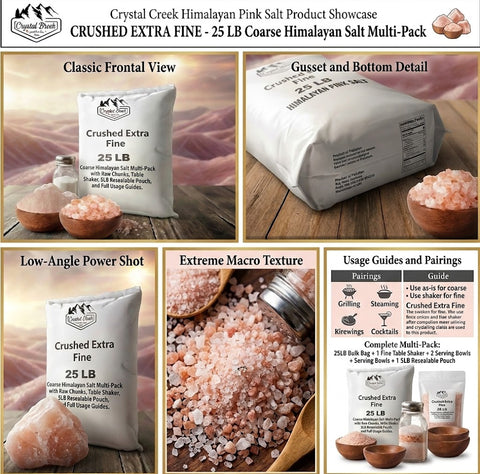Crushed Extra Fine - 25 LB Coarse Himalayan Salt Multi-Pack with Raw Chunks, Table Shaker, 5LB Resealable Pouch, and Full Usage Guides