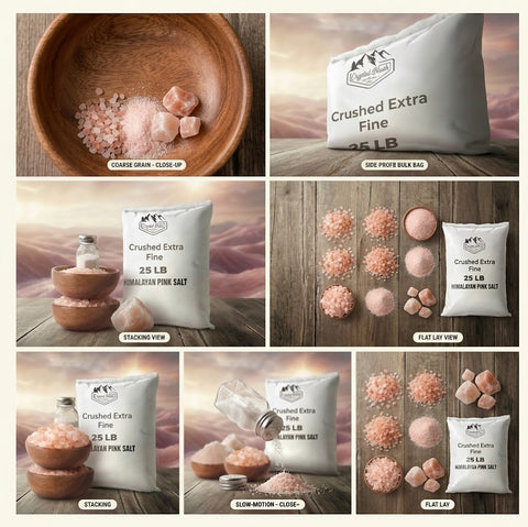 Crushed Extra Fine - 25 LB Coarse Himalayan Salt Multi-Pack with Raw Chunks, Table Shaker, 5LB Resealable Pouch, and Full Usage Guides