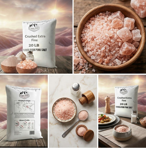 Crystal Blush 20 LB Himalayan Pink Salt Bulk Bag – Premium Crushed Extra Fine Multi-Pack with Raw Spa Chunks, Gourmet Bowls & Complete Origin Guide"