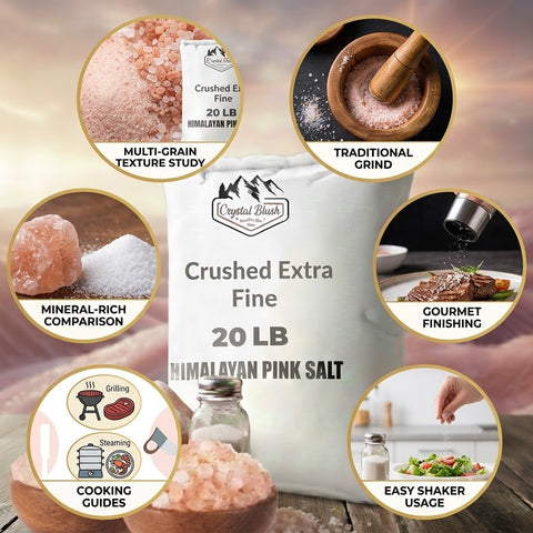 Crystal Blush 20 LB Himalayan Pink Salt Bulk Bag – Premium Crushed Extra Fine Multi-Pack with Raw Spa Chunks, Gourmet Bowls & Complete Origin Guide"