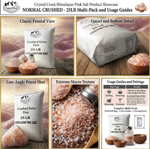 Crushed Extra Fine - 25 LB Coarse Himalayan Salt Multi-Pack with Raw Chunks, Table Shaker, 5LB Resealable Pouch, and Full Usage Guides
