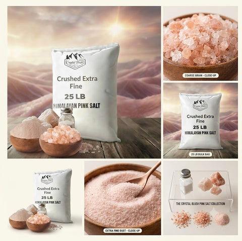 Crushed Extra Fine - 25 LB Coarse Himalayan Salt Multi-Pack with Raw Chunks, Table Shaker, 5LB Resealable Pouch, and Full Usage Guides