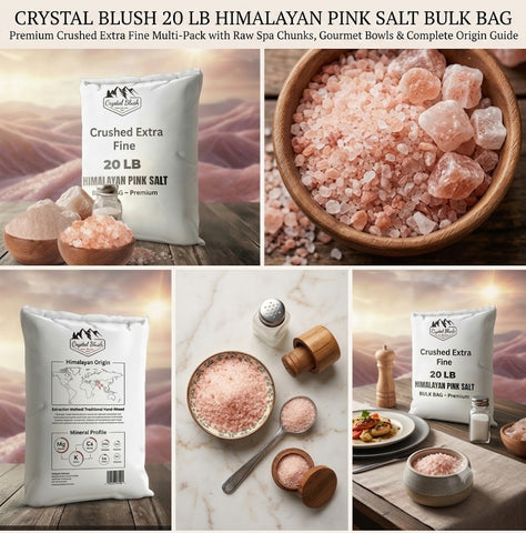 Crystal Blush 20 LB Himalayan Pink Salt Bulk Bag – Premium Crushed Extra Fine Multi-Pack with Raw Spa Chunks, Gourmet Bowls & Complete Origin Guide"