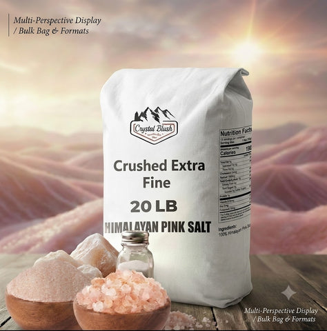 Crystal Blush 20 LB Himalayan Pink Salt Bulk Bag – Premium Crushed Extra Fine Multi-Pack with Raw Spa Chunks, Gourmet Bowls & Complete Origin Guide"