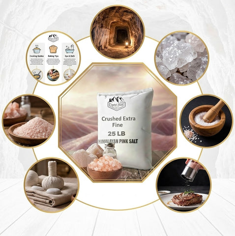 Crushed Extra Fine - 25 LB Coarse Himalayan Salt Multi-Pack with Raw Chunks, Table Shaker, 5LB Resealable Pouch, and Full Usage Guides